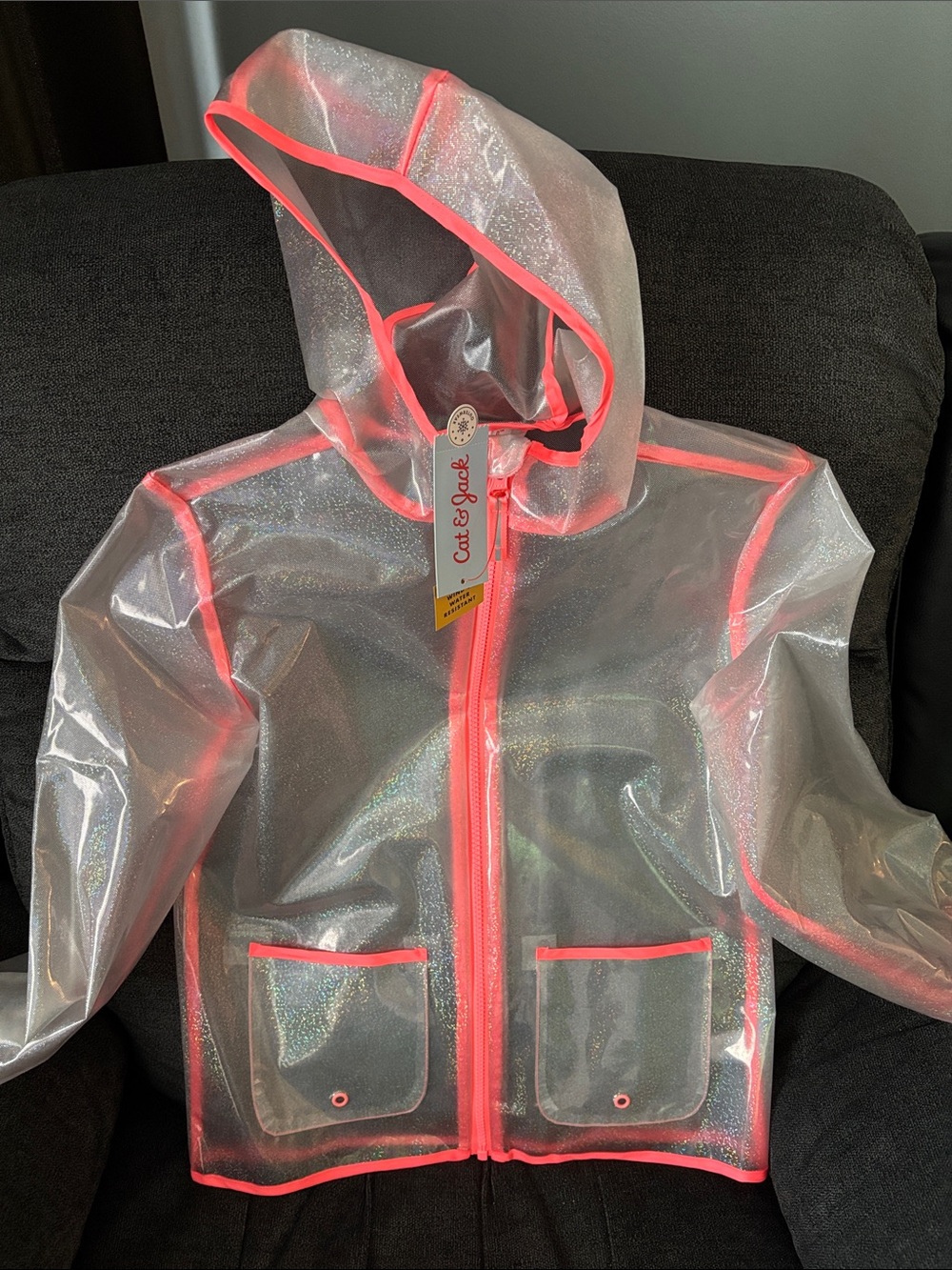 Cat & Jack Clear Glitter Rain Jacket with Neon Coral Trim